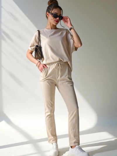 Ensemble en coton Royalfashion pour femmes avec manches courtes et pantalons droits