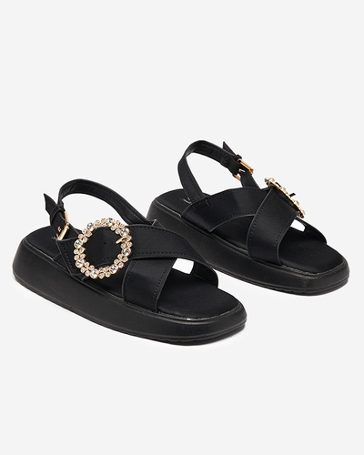 Sandales pour femmes en tissu noir sur semelle plate avec zircons cubiques Senire - Footwear