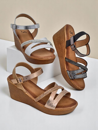 Sandales compensées pour femmes Royalfashion avec rhinestones et paillettes Eclat