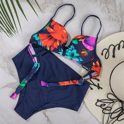 Maillot de bain 2 pièces femme bleu marine à motif floral - Sous-vêtements