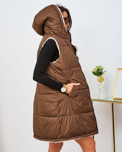 Royalfashion Gilet long double face pour femme, marron et crème