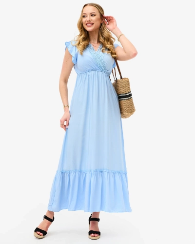 Robe longue bleue à dentelle pour femme - Vêtements