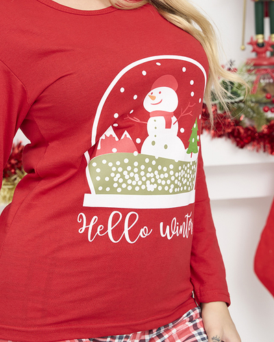Pyjama 2 pièces rouge pour femmes avec bonhomme de neige- Vêtements