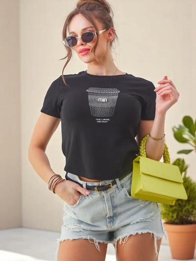T-shirt en coton pour femmes Royalfashion avec impression en strass