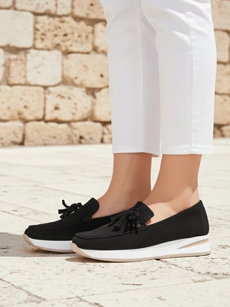 Mocassins pour femmes Aelia noirs en cuir écologique suédé avec plateforme compensée de 4 cm