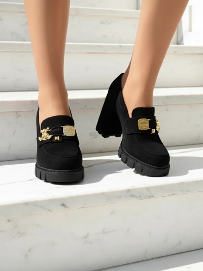 Chaussures Noires Spectaculaires à Talons Carrés en Daim Élégantes et Tendances