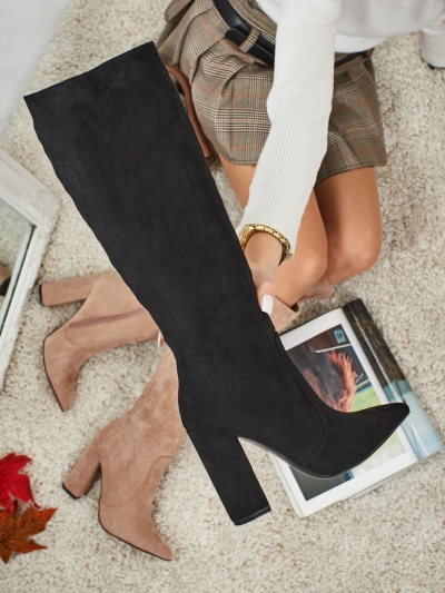 Bottes hautes pour femmes en daim écologique à talons carrés Feravi