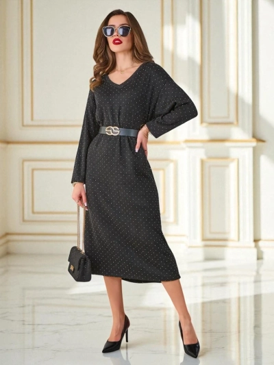 Robe midi Penelope nero à manches longues avec de fins pois, élégante