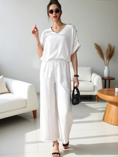 Ensemble décontracté Royalfashion pour femmes avec un haut à manches courtes et un pantalon large