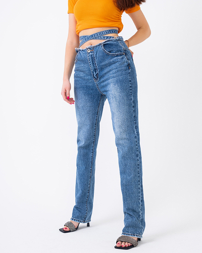 Jean bleu boyfriend pour femme avec ceinture décorative - Vêtements