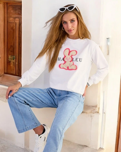 Royalfashion Sweat-shirt en coton à imprimé fin pour femme