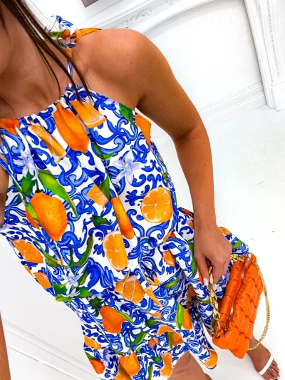 Robe mini à fines bretelles Royalfashion pour femmes avec ceinture à la taille et imprimés orange tendance
