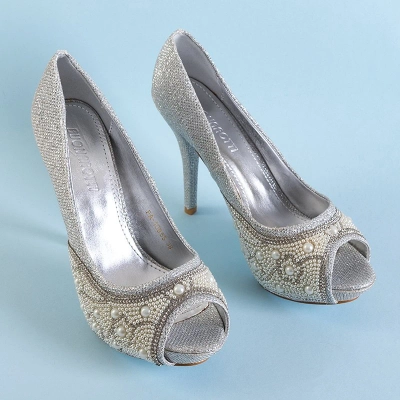 OUTLET Talons hauts pour femmes argent brillant avec zircone cubique et perles Mira - Footwear