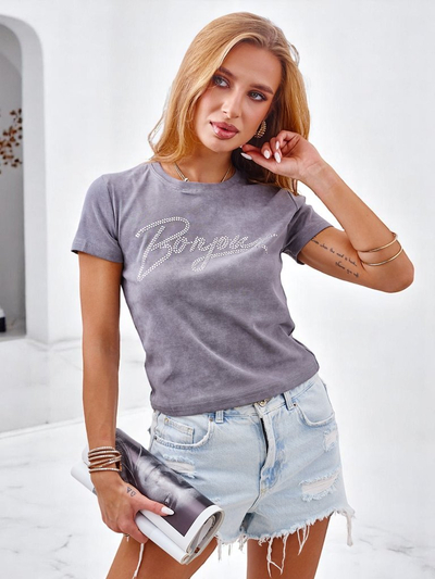 Royalfashion T-shirt femme en coton avec strass et inscription