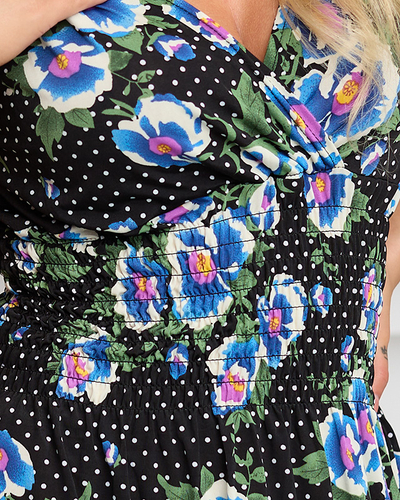 Robe longue femme noire à fleurs bleues - Vêtements