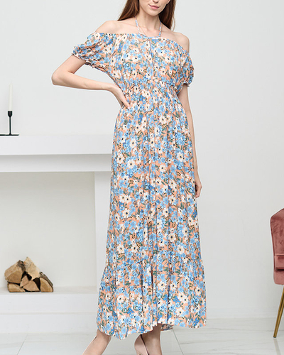 Robe d'été longue orange pour femme avec fleurs bleues - Vêtements