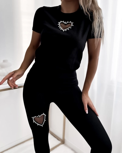 Royalfashion Ensemble de sport pour femme noir avec cœurs