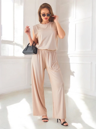 Ensemble en viscose côtelée Royalfashion pour femmes, sans manches avec pantalons évasés