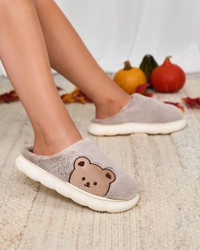 Royalfashion Pantoufles en fourrure pour femme avec ours en peluche en gris Fetemes