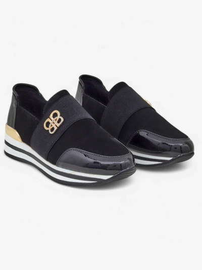 Slip-on pour femmes Elektra Nero avec accent doré, cuir écologique, 3,5 cm