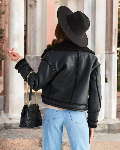 Veste en cuir eco femme de Royalfashion avec fourrure en couleur noire
