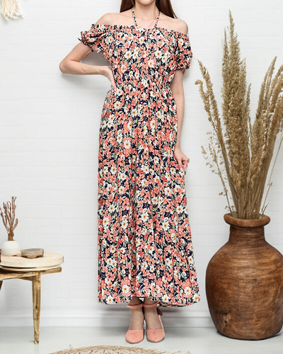 Robe longue femme bleu marine à fleurs corail - Clothing