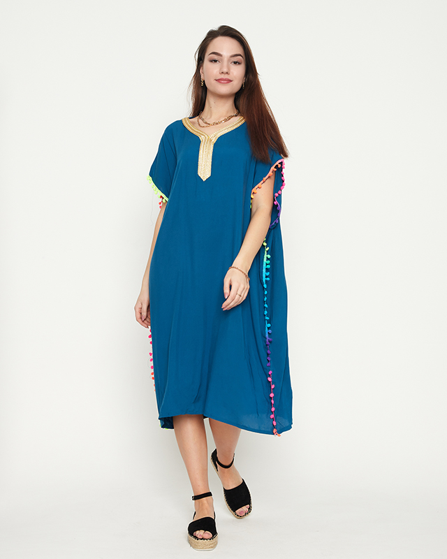 Tunique de plage été femme turquoise à pompons - Vêtement