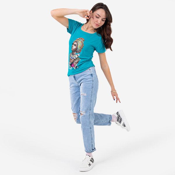T-shirt femme bleu imprimé coloré et sequins - Vêtements