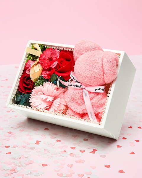 Royalfashion Flowerbox Fleurs dans une boîte avec un ours en peluche