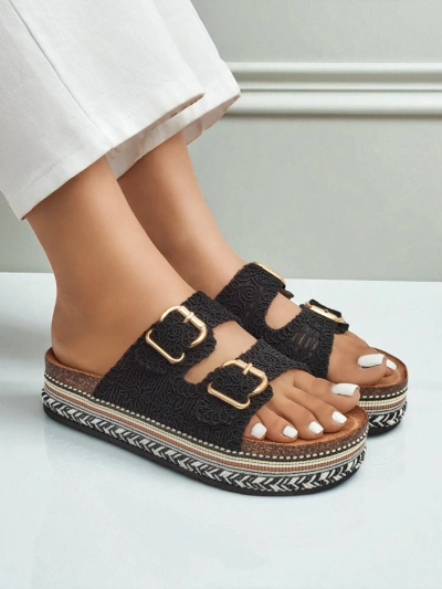 Royalfashion Sandales à plateforme pour femmes avec boucles style liège