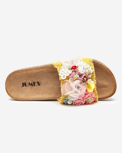Pantoufles pour femmes avec fleurs en tissu en jaune Ososi - Chaussures