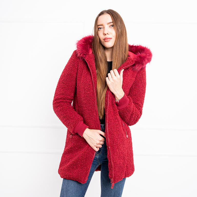 Veste rouge femme à capuche en mouton retourné - Vêtements