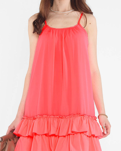 Robe femme rose fluo à bretelles avec volants - Vêtements