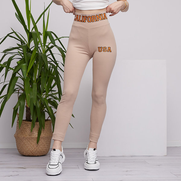 Legging femme côtelé beige inscriptions orange - Vêtements