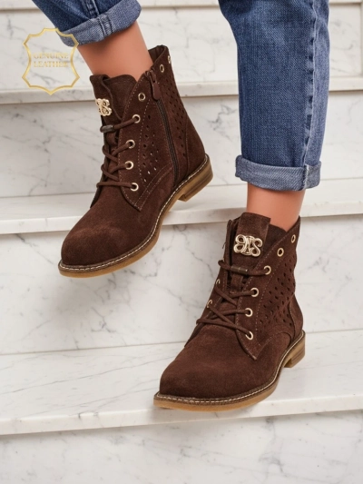 Aurelia Bottines en Daim Marron avec Fourrure Ajourées Élégantes 2,5cm