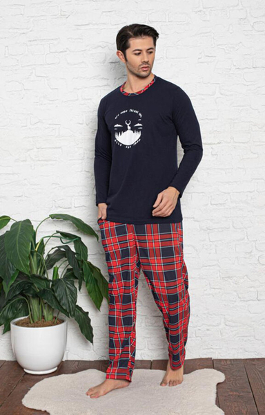 Royalfashion pyjama 2 pièces bleu marine et rouge pour homme
