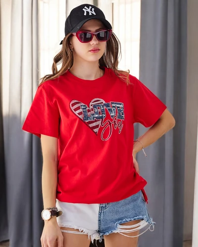 Royalfashion T-shirt en coton pour femmes LOVE avec des strass