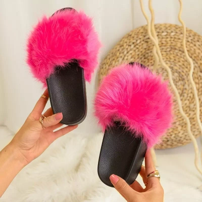 Pantoufles compensées rose fluo pour femmes avec fourrure Lorina - Chaussures