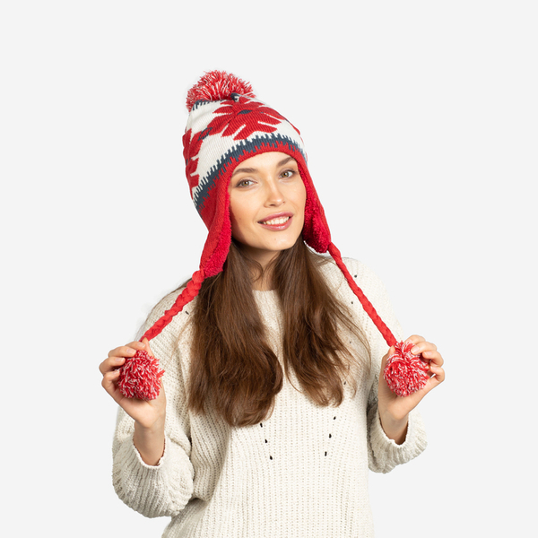 Bonnet isotherme femme rouge flocons et pompons - Accessoires