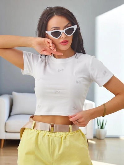 Top court en coton pour femmes Royalfashion avec des strass en forme de nœud