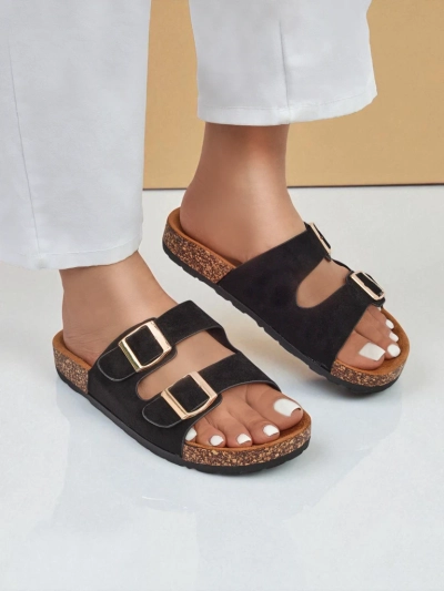 Claquettes pour femmes Letitia noires, en daim, talon plat, design italien