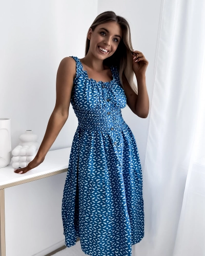 Robe femme au genou avec imprimé en bleu- Vêtements