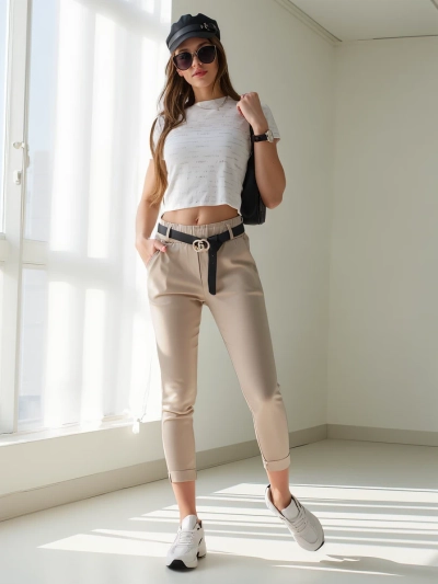 Royalfashion Pantalons skinny pour femmes en viscose avec ceinture