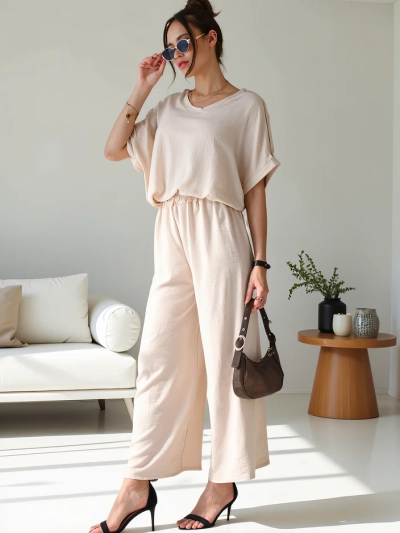 Ensemble décontracté Royalfashion pour femmes avec un haut à manches courtes et un pantalon large