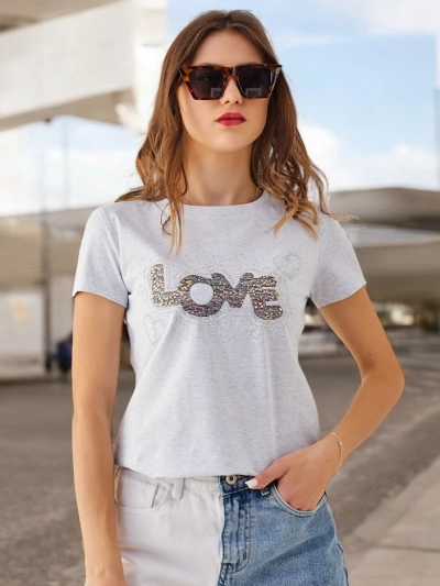 Royalfashion T-shirt en coton pour femmes LOVE avec des strass