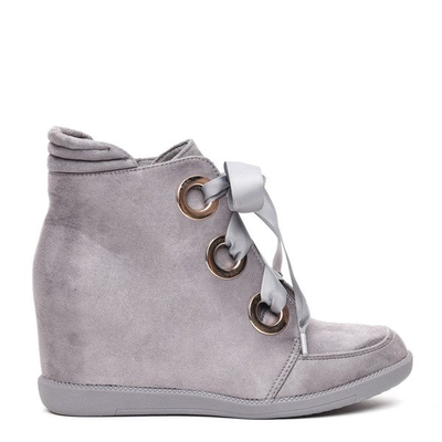 Szare sneakersy na krytym koturnie wiązane wstążką Andi- Obuwie