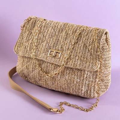 Sac besace tissé beige foncé sur chaîne dorée - Sacs à main