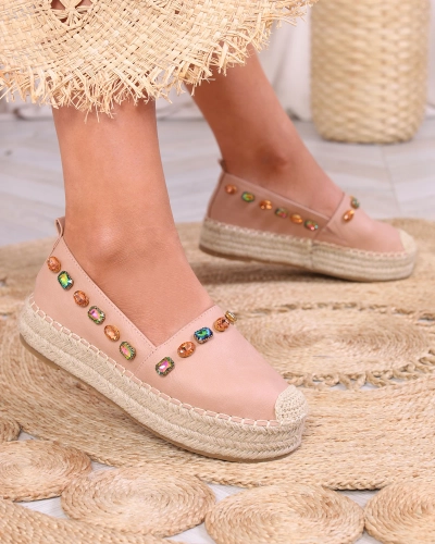 OUTLET Espadrilles femme avec cristaux en marron clair Ziennie- Obwowo