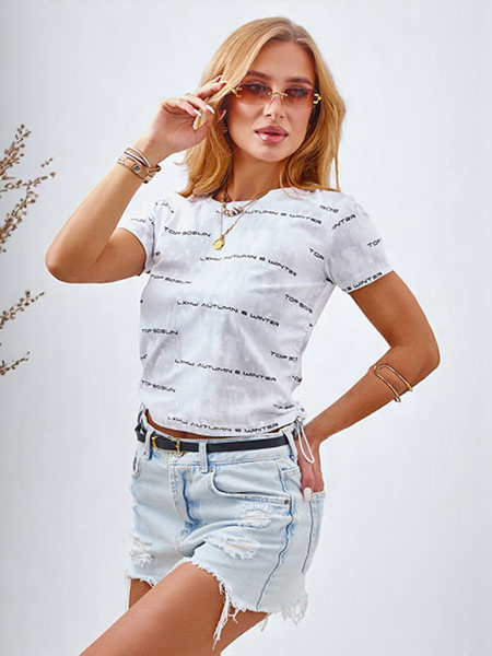 T-shirt en coton pour femme Royalfashion avec cordons de serrage sur les côtés, inscriptions et paillettes