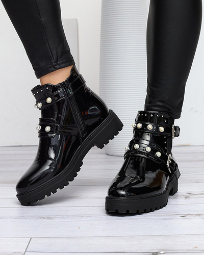 Boots femme laquées noires avec perles Visos - Footwear